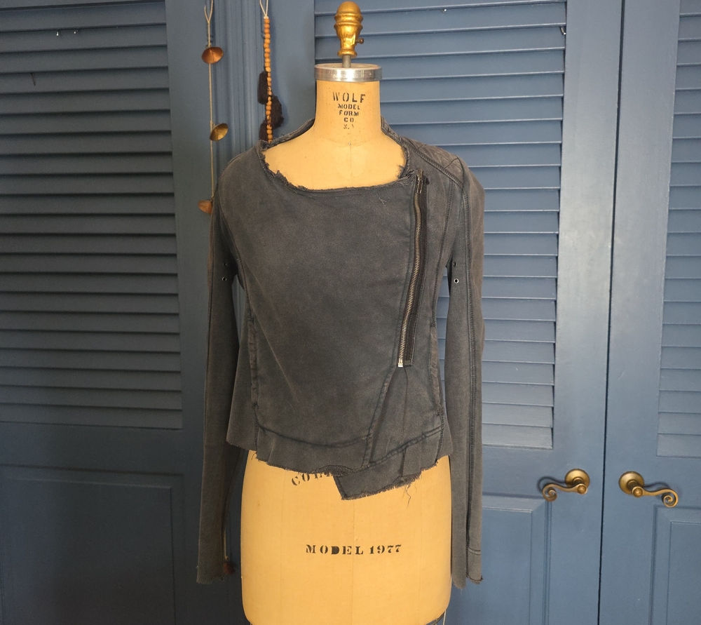 Free People Distressed Charcoal Asymmetric Zip  Jacket